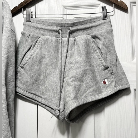 Champion Reverse Weave Drawstring Shorts Cropped Hoodie Set Grey Size Women’s XS - Picture 9 of 15